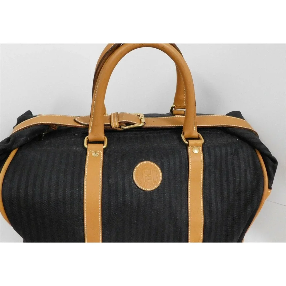 Fendi Italy Vintage Black Striped Canvas Leather Duffle Carry-on Tote Bag‎